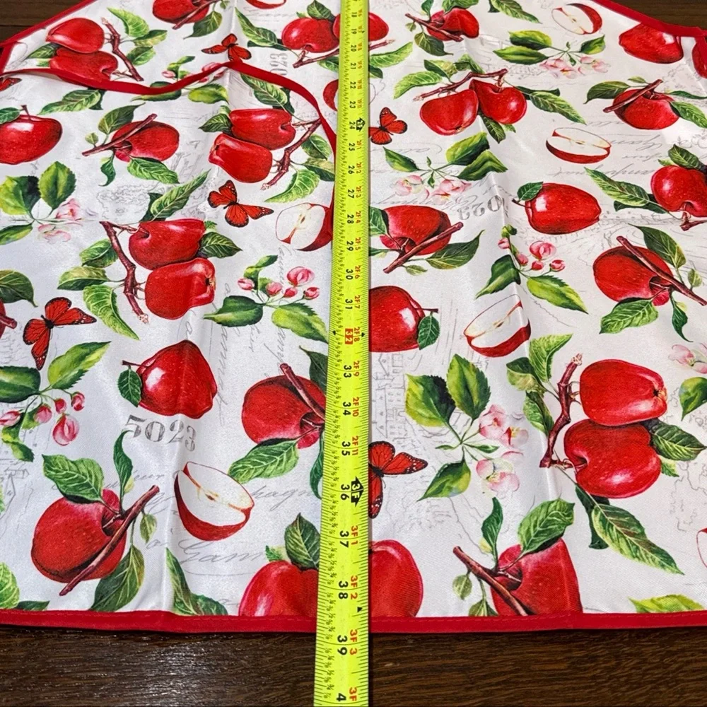 One Size Full Apron with Apples Butterflies and Garden Theme Red and White NWOT